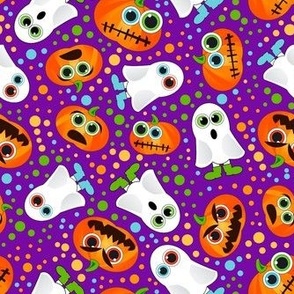Medium Scale Silly Halloween Ghosts Jackolantern Pumpkins and Polkadots on Purple