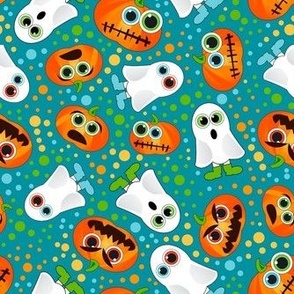 Medium Scale Silly Halloween Ghosts Jackolantern Pumpkins and Polkadots on Turquoise