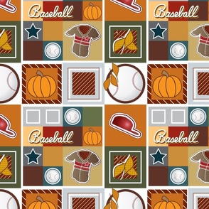 Autumn Baseball Cheerful Checks with jersey, stars, cap—checkerboard, Baseball Field, Baseball, Baseball Cap, Baseball Bat; Fall Orange and Brown, leaves and pumpkins