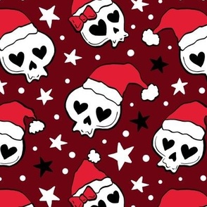 cute kawaii skulls spooky christmas fabric deep red WB22