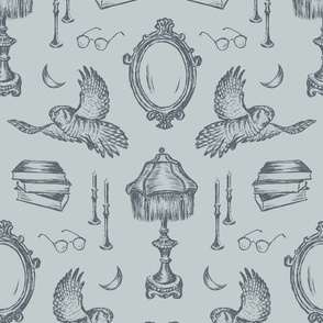 Dark Academia Scene in Blue and Grey for Wallpaper & Fabric