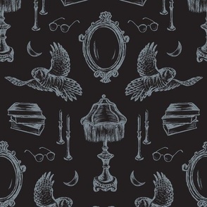 Dark Academia Scene in Black and Blue for Wallpaper & Fabric