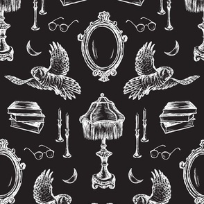 Dark Academia Scene in Black and White for Wallpaper & Fabric