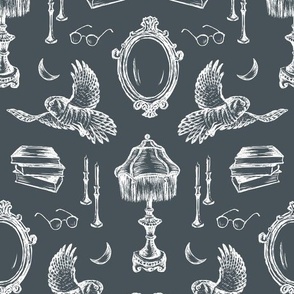 Handdrawn Dark Academia Scene in Slate Grey for Wallpaper & Fabric