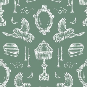 Handdrawn Dark Academia Scene in Green for Wallpaper & Fabric