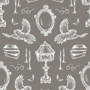 Handdrawn Dark Academia Scene in Grey for Wallpaper & Fabric
