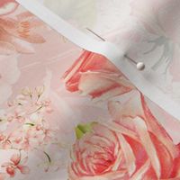 12" Nostalgic Vintage Roses, Blush English Rose, 30s Rose fabric, Antique hand painted Roses,blush double layer