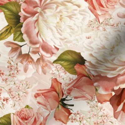 12" Nostalgic Vintage Roses, Blush English Rose, 30s Rose fabric, Antique hand painted Roses, double layer - off white