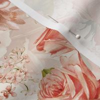 12" Nostalgic Vintage Roses, Blush English Rose, 30s Rose fabric, Antique hand painted Roses, double layer - off white