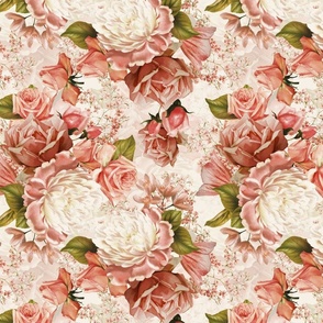 12" Nostalgic Vintage Roses, Blush English Rose, 30s Rose fabric, Antique hand painted Roses, double layer - off white