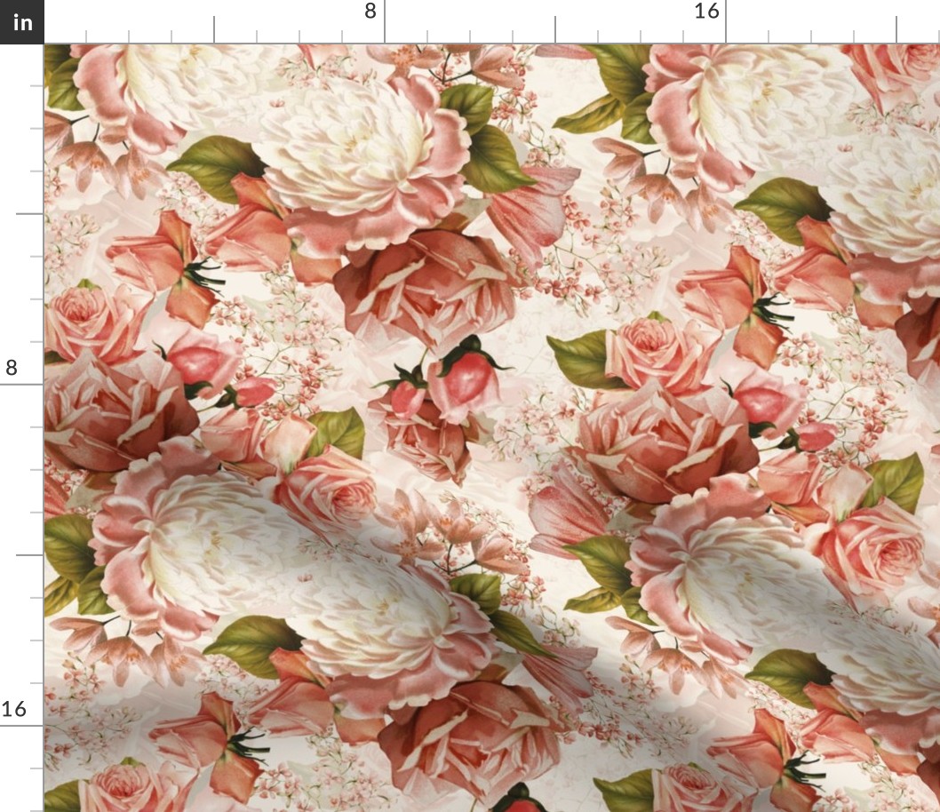 12" Nostalgic Vintage Roses, Blush English Rose, 30s Rose fabric, Antique hand painted Roses, double layer - off white