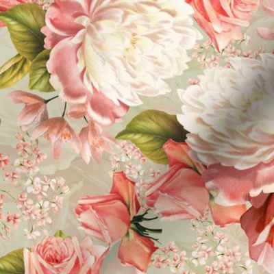 14" Nostalgic Vintage Roses, Blush English Rose, 30s Rose fabric, Antique hand painted Roses, reed green 