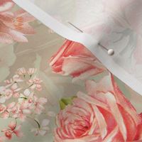 14" Nostalgic Vintage Roses, Blush English Rose, 30s Rose fabric, Antique hand painted Roses, reed green 