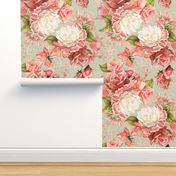 12" Nostalgic Vintage Roses, Blush English Rose, 30s Rose fabric, Antique hand painted Roses, reed green double layer