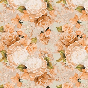 12" Nostalgic Vintage Roses, Blush English Rose, 30s Rose fabric, Antique hand painted Roses, peach roses on reed green double layer