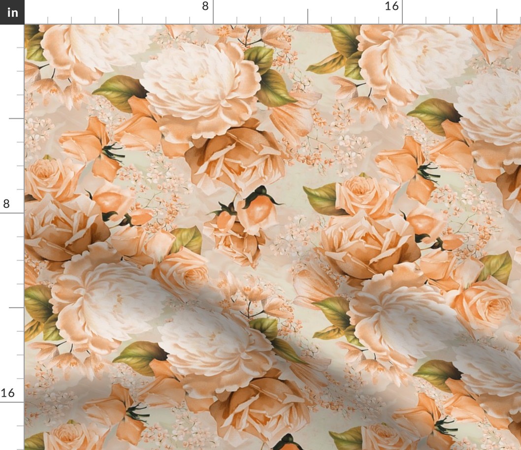 12" Nostalgic Vintage Roses, Blush English Rose, 30s Rose fabric, Antique hand painted Roses, peach roses on reed green double layer
