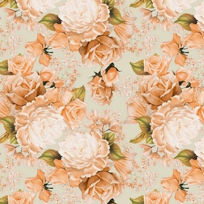 12" Nostalgic Vintage Roses, Blush English Rose, 30s Rose fabric, Antique hand painted Roses, peach roses on reed vintage green