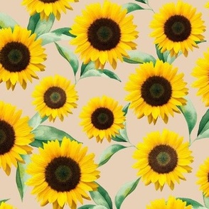 Realistic sunflowers fall garden on tan