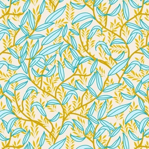 Willow Leaves in Teal with leaf background 