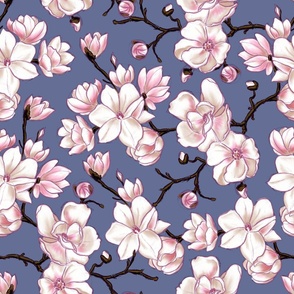 Sketchy Magnolia blossom - white and pink floral design with blue background (medium size version)