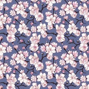Sketchy Magnolia blossom - white and pink floral design with blue background (small size version)