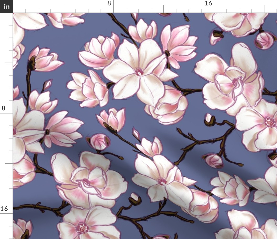 Sketchy Magnolia blossom - white and pink floral design with blue background (large size version)