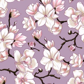 Sketchy Magnolia blossom - white and pink floral design with lilac background (large size version)