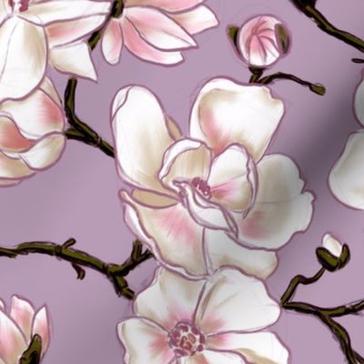 Sketchy Magnolia blossom - white and pink floral design with lilac background (medium size version)