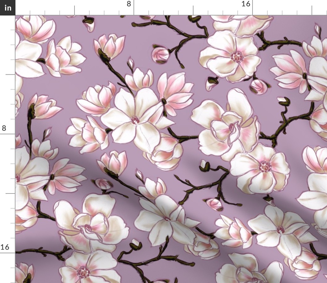 Sketchy Magnolia blossom - white and pink floral design with lilac background (medium size version)