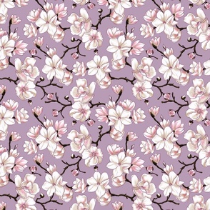 Sketchy Magnolia blossom - white and pink floral design with lilac background (small size version)
