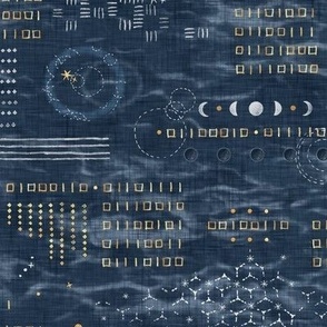 Shibori Digital Night Sky | Hand drawn binary code on blue gray shibori linen pattern, machine code in dark blue and gold, astronomy, space station, the matrix, computer network, planets, moons and stars.