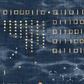 Shibori Digital Night Sky (xl scale) | Hand drawn binary code on blue gray shibori linen pattern, machine code in dark blue and gold, astronomy, space station, the matrix, computer network, planets, moons and stars.