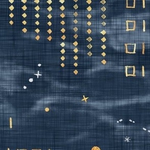 Shibori Digital Night Sky (xxl scale) | Hand drawn binary code on blue gray shibori linen pattern, machine code in dark blue and gold, astronomy, space station, the matrix, computer network, planets, moons and stars.