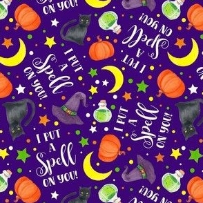 Small-Medium Scale Resize I Put a Spell On You Halloween Witch Hats Potions Black Cats Pumpkins Stars on Purple