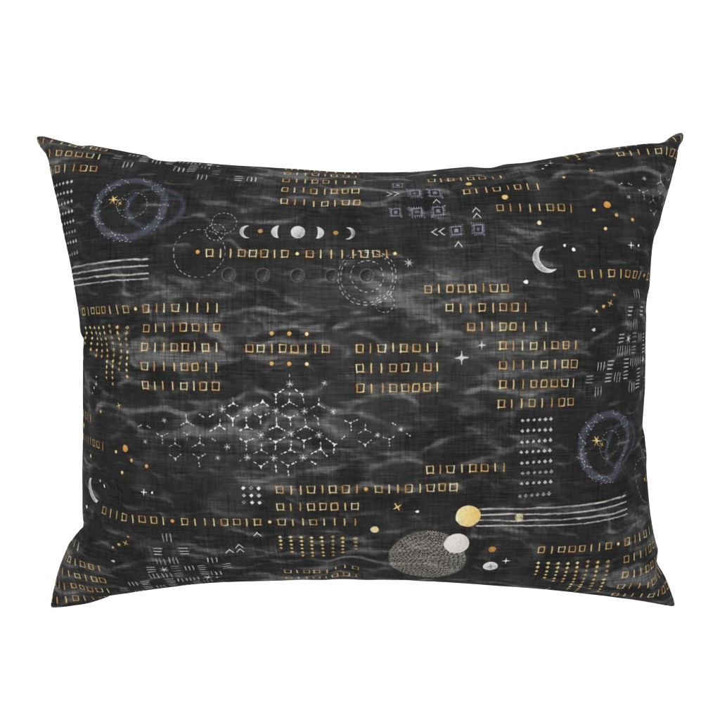 Shibori Digital Night Sky in Black and Gold (large scale) | Hand drawn binary code on dark gray shibori linen pattern, machine code, astronomy, space station, the matrix, computer network, planets, moons and stars.