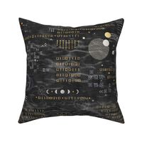 Shibori Digital Night Sky in Black and Gold (large scale) | Hand drawn binary code on dark gray shibori linen pattern, machine code, astronomy, space station, the matrix, computer network, planets, moons and stars.