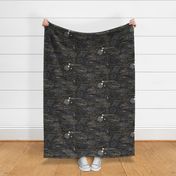 Shibori Digital Night Sky in Black and Gold (large scale) | Hand drawn binary code on dark gray shibori linen pattern, machine code, astronomy, space station, the matrix, computer network, planets, moons and stars.