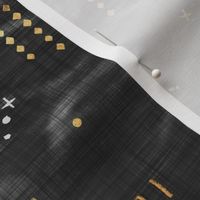 Shibori Digital Night Sky in Black and Gold (xl scale) | Hand drawn binary code on dark gray shibori linen pattern, machine code, astronomy, space station, the matrix, computer network, planets, moons and stars.