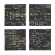 Shibori Digital Night Sky in Black and Gold (xxl scale) | Hand drawn binary code on dark gray shibori linen pattern, machine code, astronomy, space station, the matrix, computer network, planets, moons and stars.