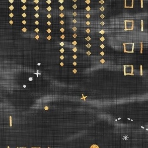 Shibori Digital Night Sky in Black and Gold (xxl scale) | Hand drawn binary code on dark gray shibori linen pattern, machine code, astronomy, space station, the matrix, computer network, planets, moons and stars.