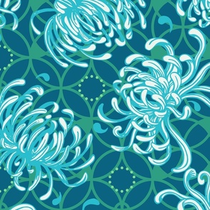 Optimistic Floral- large scale exotic chrysanthemums in peacock, emerald,  turquoise & White