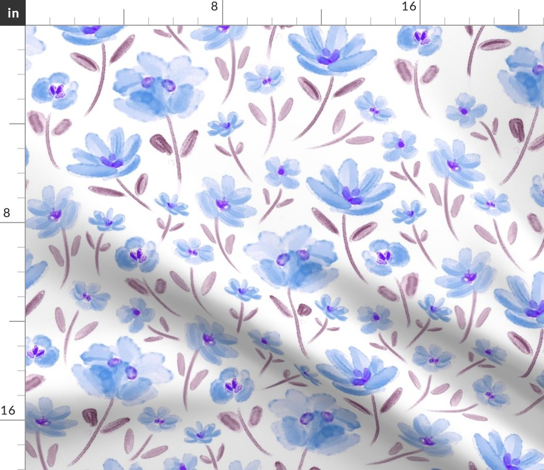 Watercolor blue flowers with white background (medium size version)