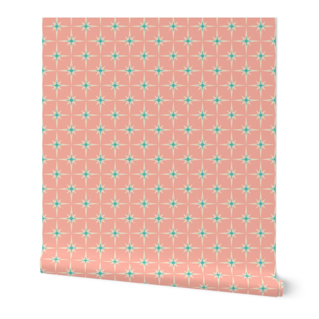 Retro Star Pattern Blue and Ecru on pink