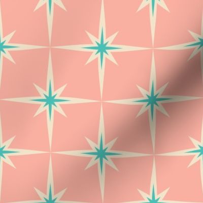 Retro Star Pattern Blue and Ecru on pink