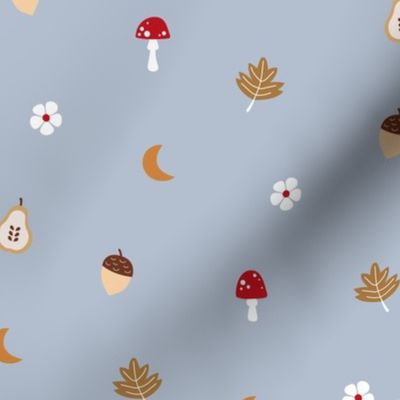 Little fall illustrations toadstools leaves acorns pear flowers and moon fall garden theme baby nursery on light blue