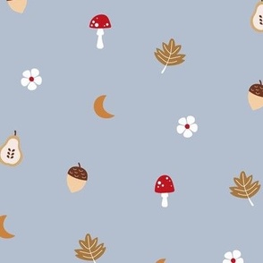 Little fall illustrations toadstools leaves acorns pear flowers and moon fall garden theme baby nursery on light blue