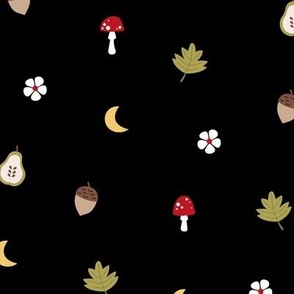 Little fall illustrations toadstools leaves acorns pear flowers and moon fall garden theme baby nursery neutral green red on black