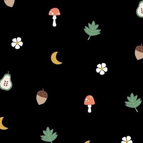Little fall illustrations toadstools leaves acorns pear flowers and moon fall garden theme baby nursery neutral apple green red on black