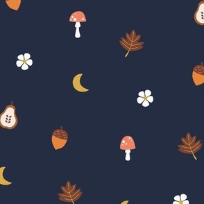 Little fall illustrations toadstools leaves acorns pear flowers and moon fall garden theme baby nursery neutral seventies brown beige on navy blue