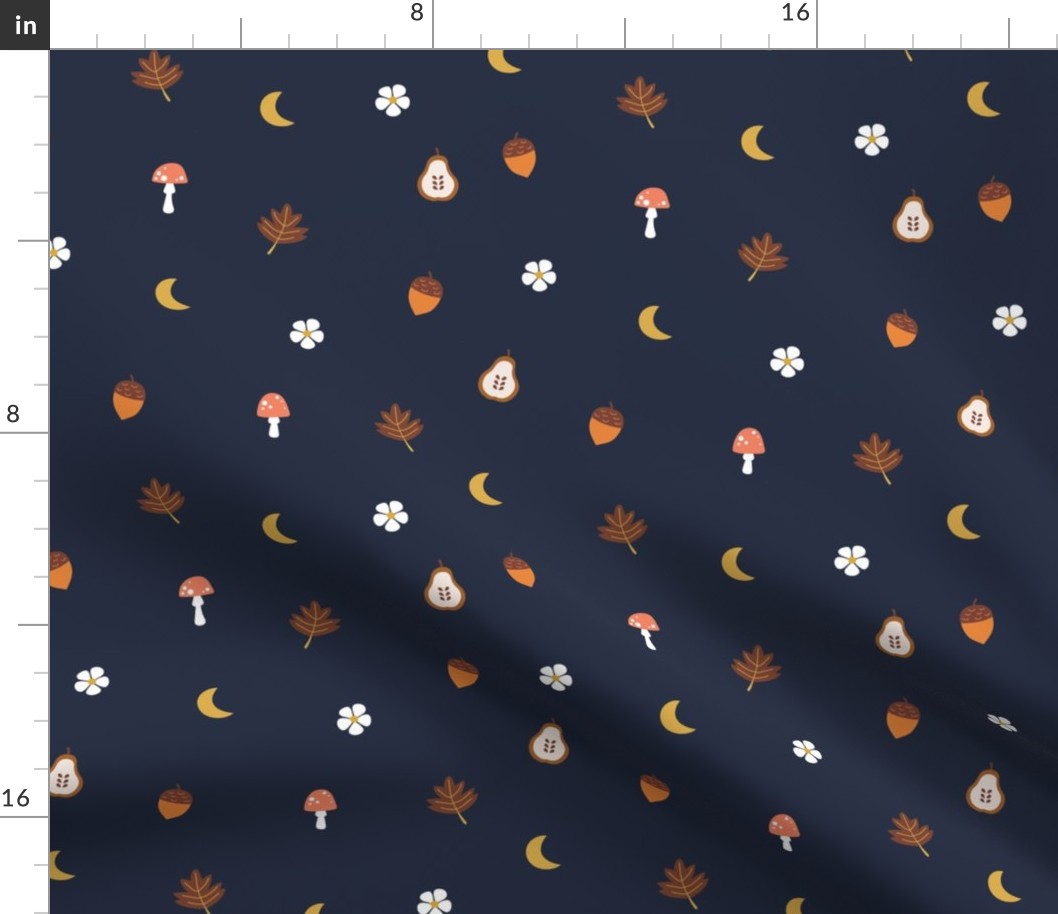 Little fall illustrations toadstools leaves acorns pear flowers and moon fall garden theme baby nursery neutral seventies brown beige on navy blue